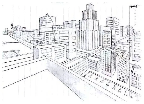 2 point perspective drawing of cityscape skyscrapers
