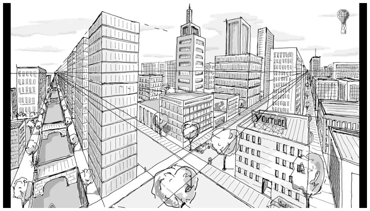 Dibujo en perspectiva de un punto de una ciudad