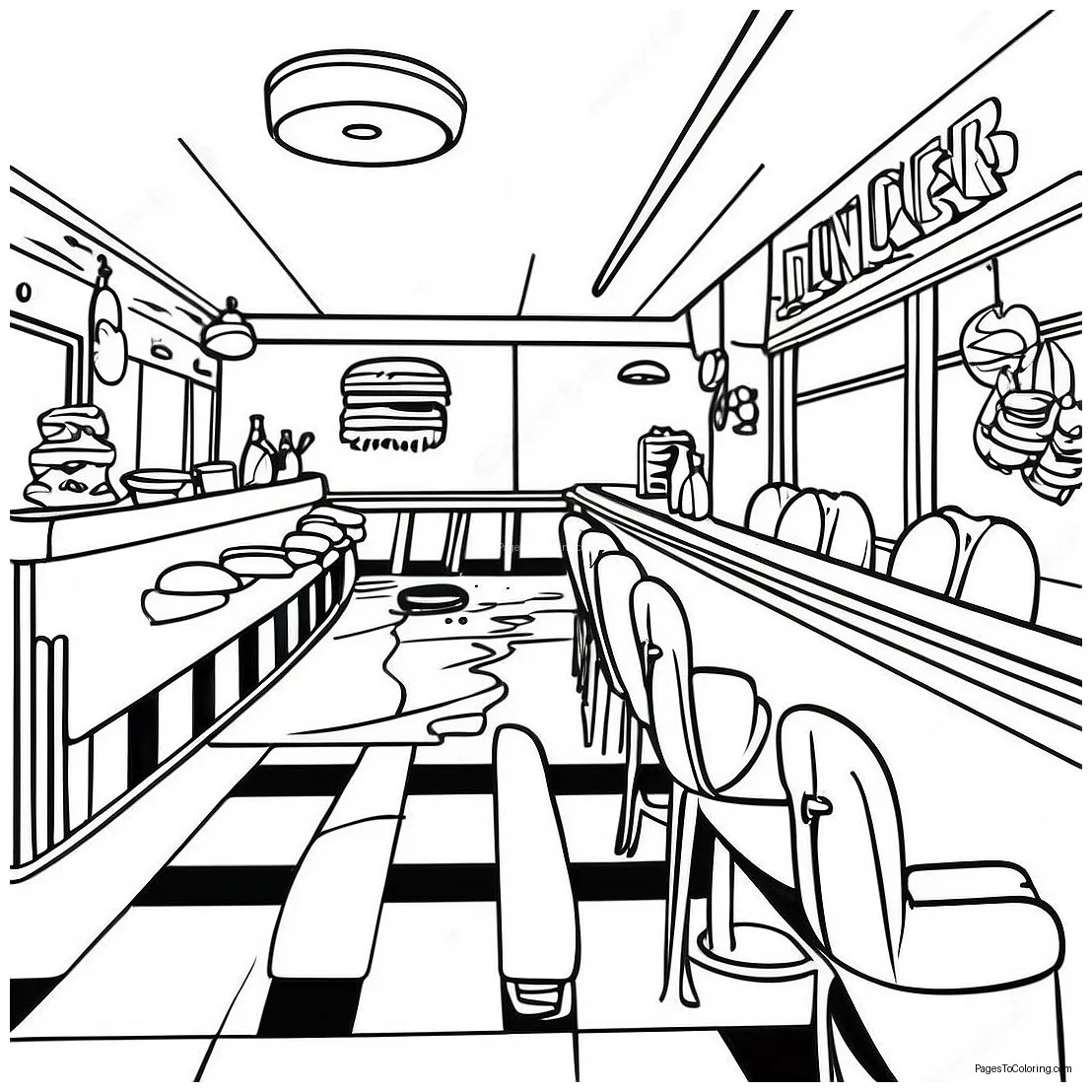 1950's Retro Diner Scene Coloring Page (42663-34228)