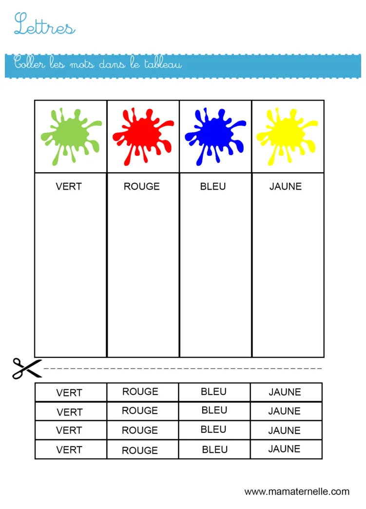 Lettres coller les mots dans le tableau ma maternelle