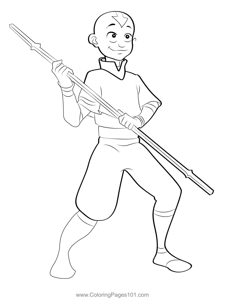 Aang with stick coloring page for kids free avatar the last airbender