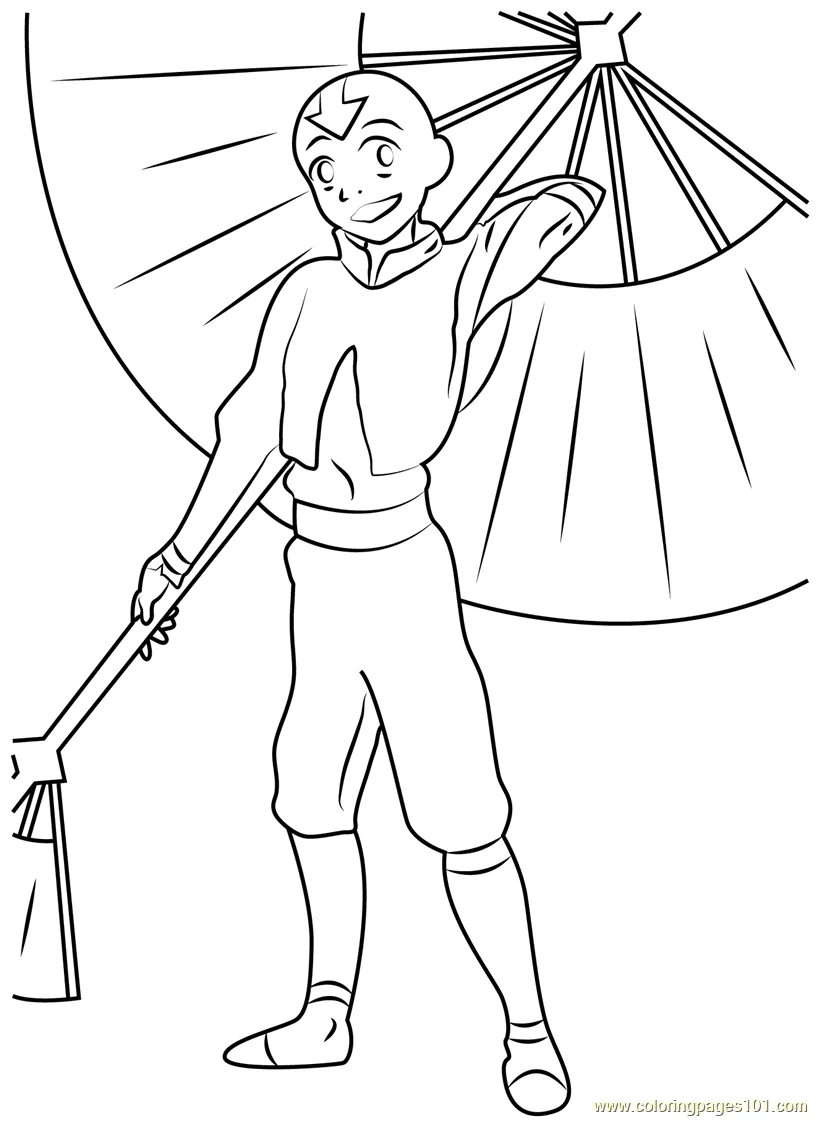 Aang with umbrella coloring page for kids free avatar the last