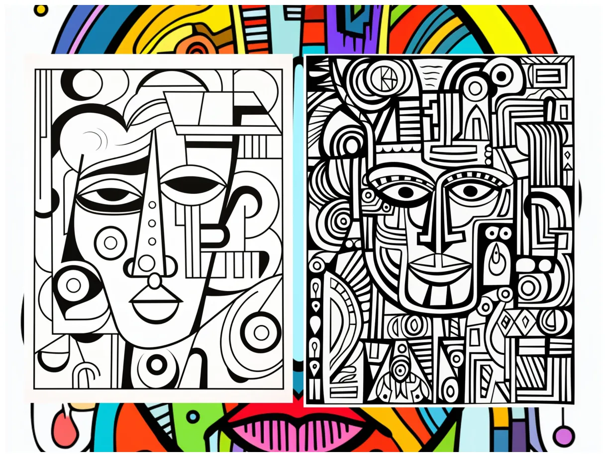 100 abstract faces coloring pages adult and kids coloring book, learn