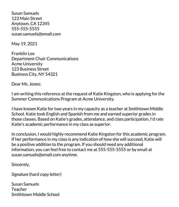 Academic school reference letter samples templates