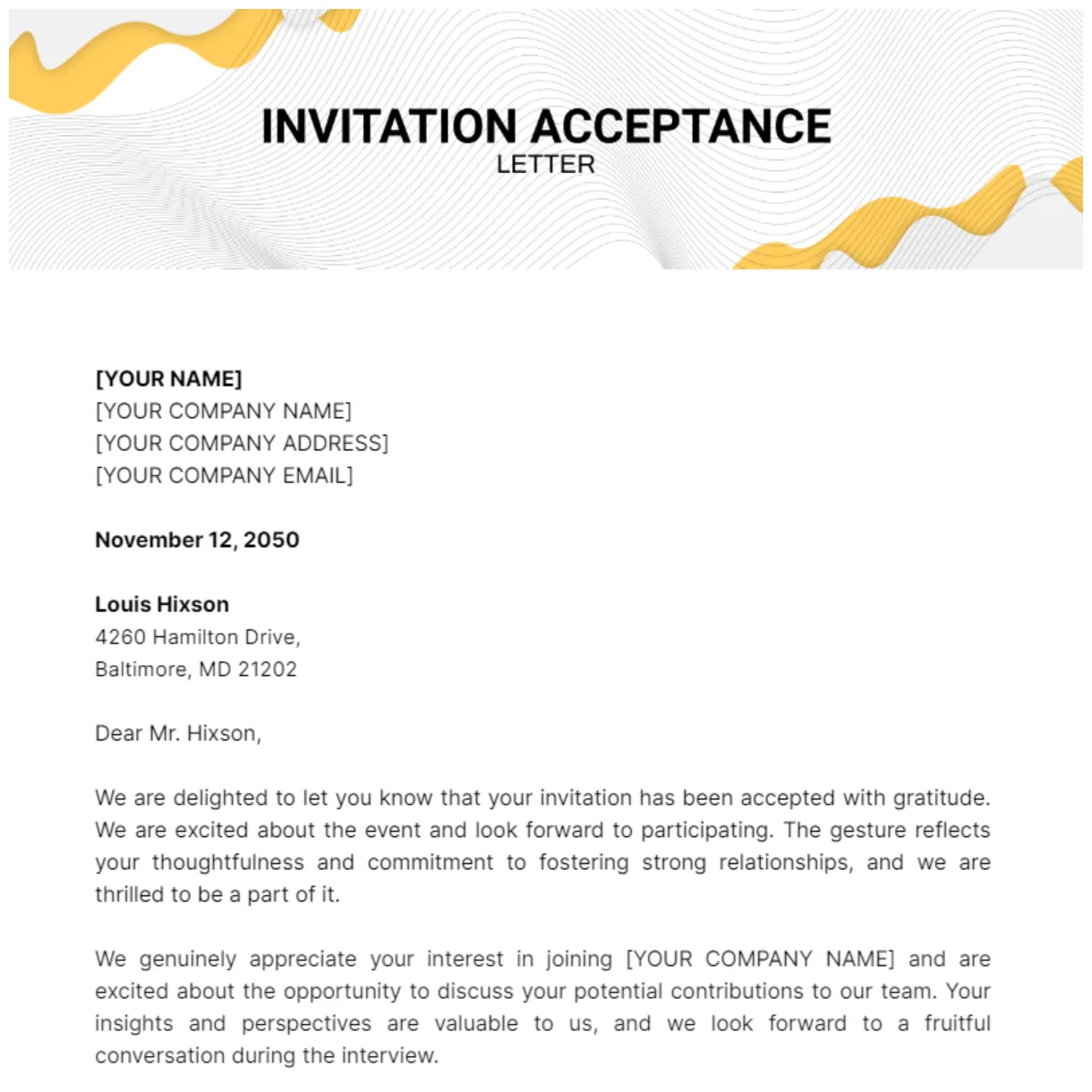 Invitation acceptance letter template template