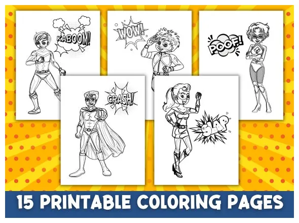 Coloring page super hero action words 15 printable middle etsy