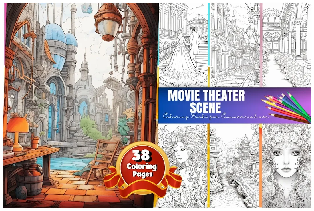 Scene movie coloring page, coloring page for adults, village theme