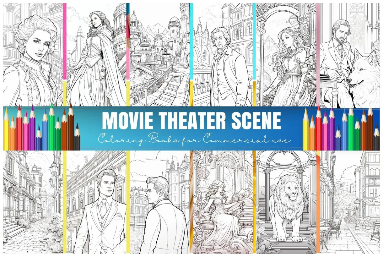 Scene movie coloring page, coloring page for adults, village theme