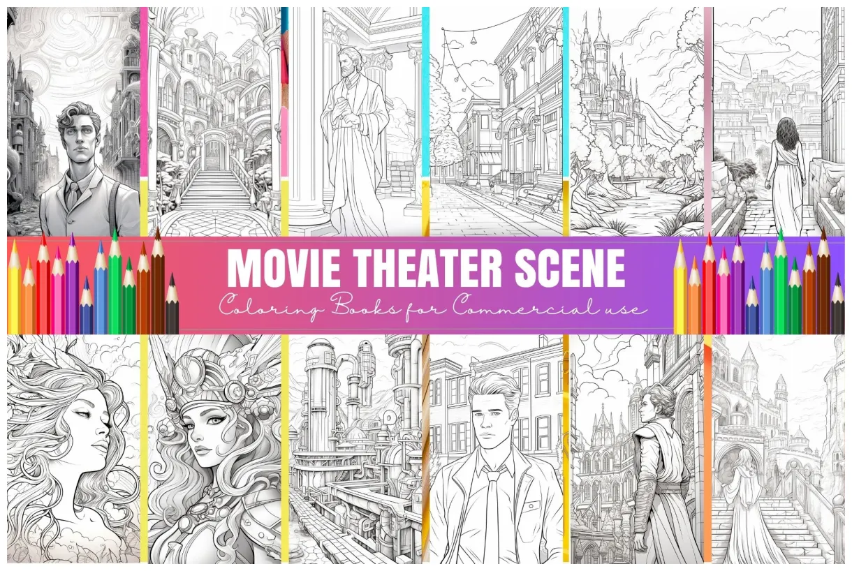 Scene movie coloring page, coloring page for adults, village theme