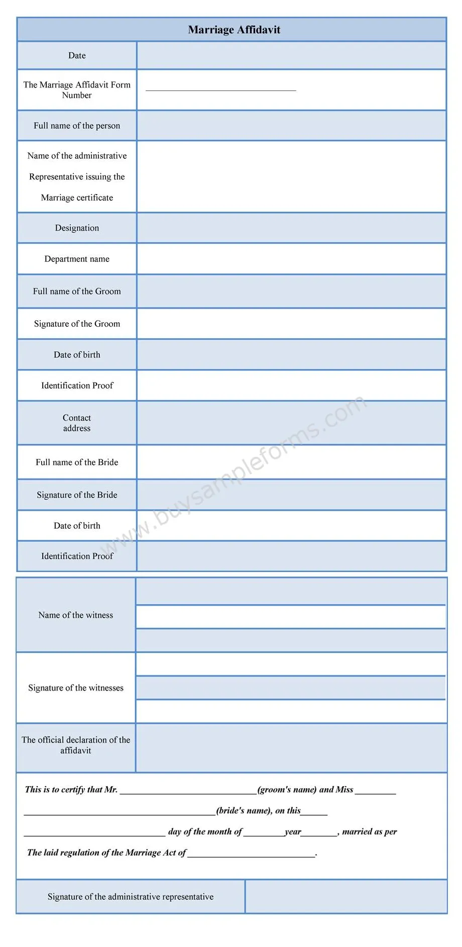 Marriage affidavit form sample forms