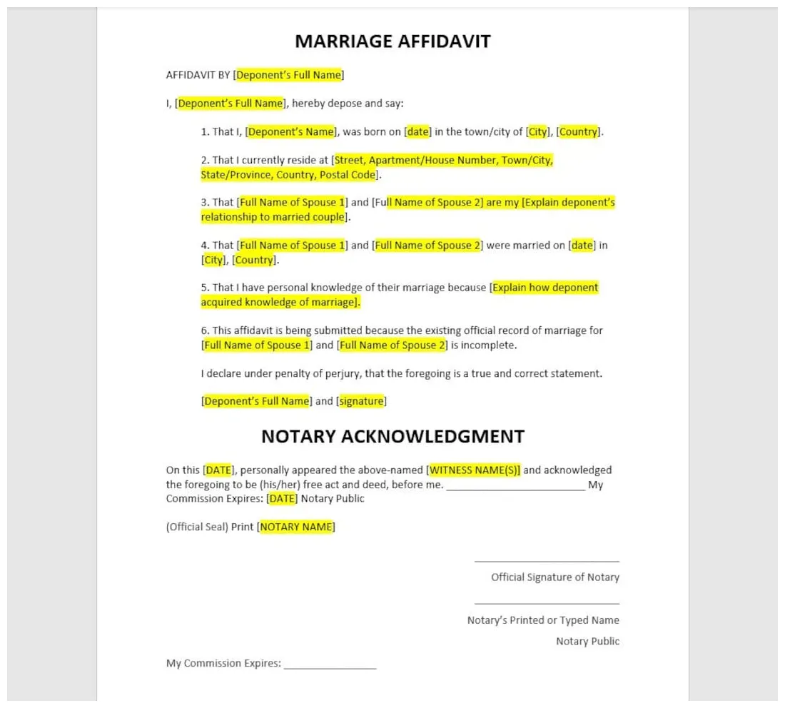 Affidavit of marriage, affidavit of marriage template, marriage