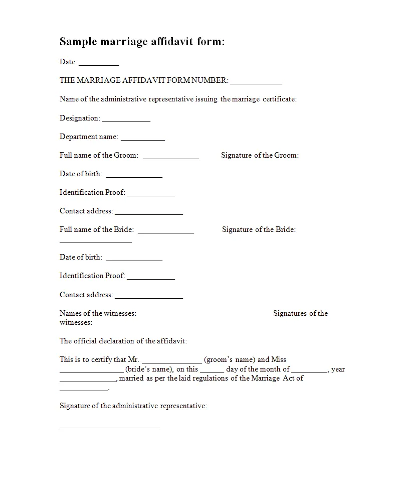 Marriage affidavit template printable coloring page