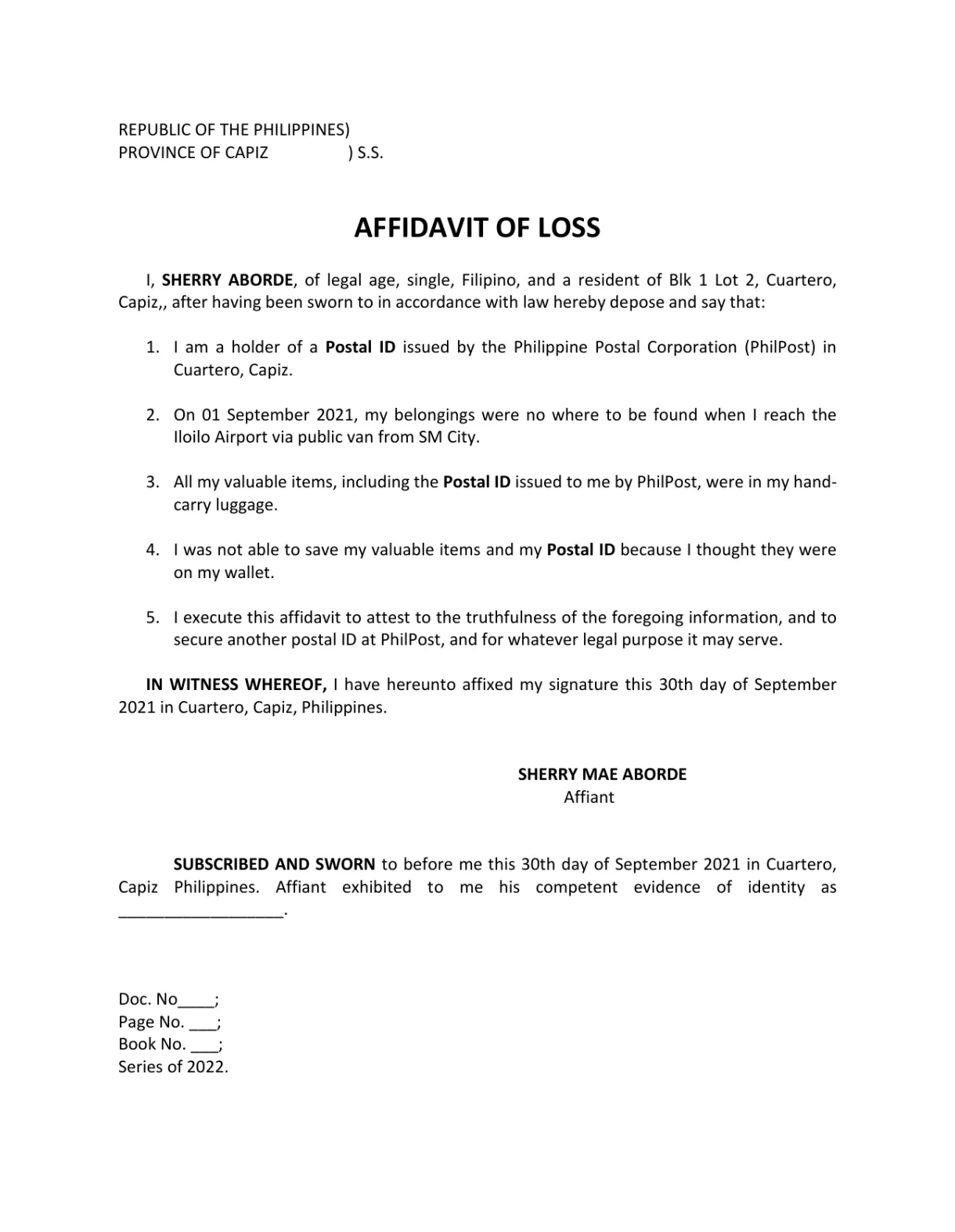 Sample affidavit template