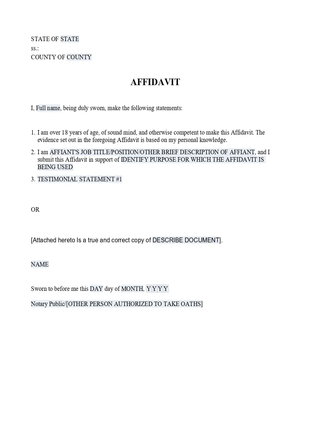 Affidavit sample template template samples