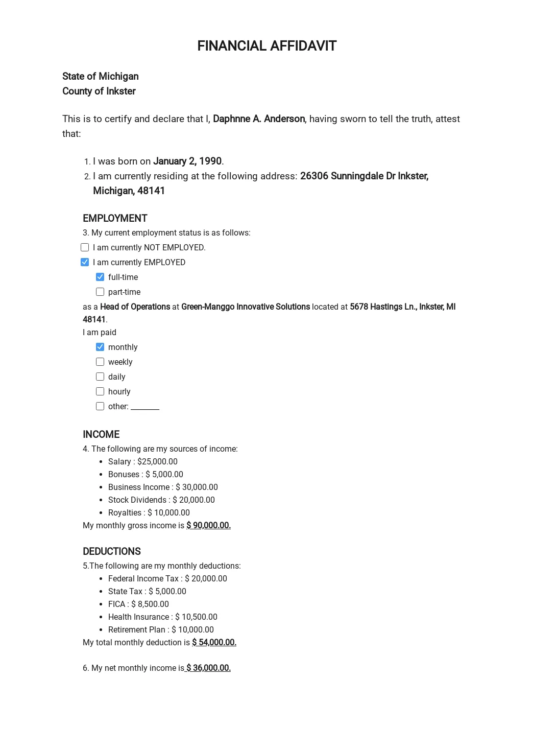 Free sample financial affidavit template google docs, word template