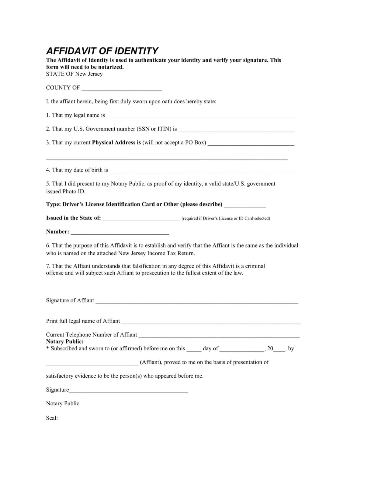 Free Printable Affidavit Of Identity Form Templates [PDF]