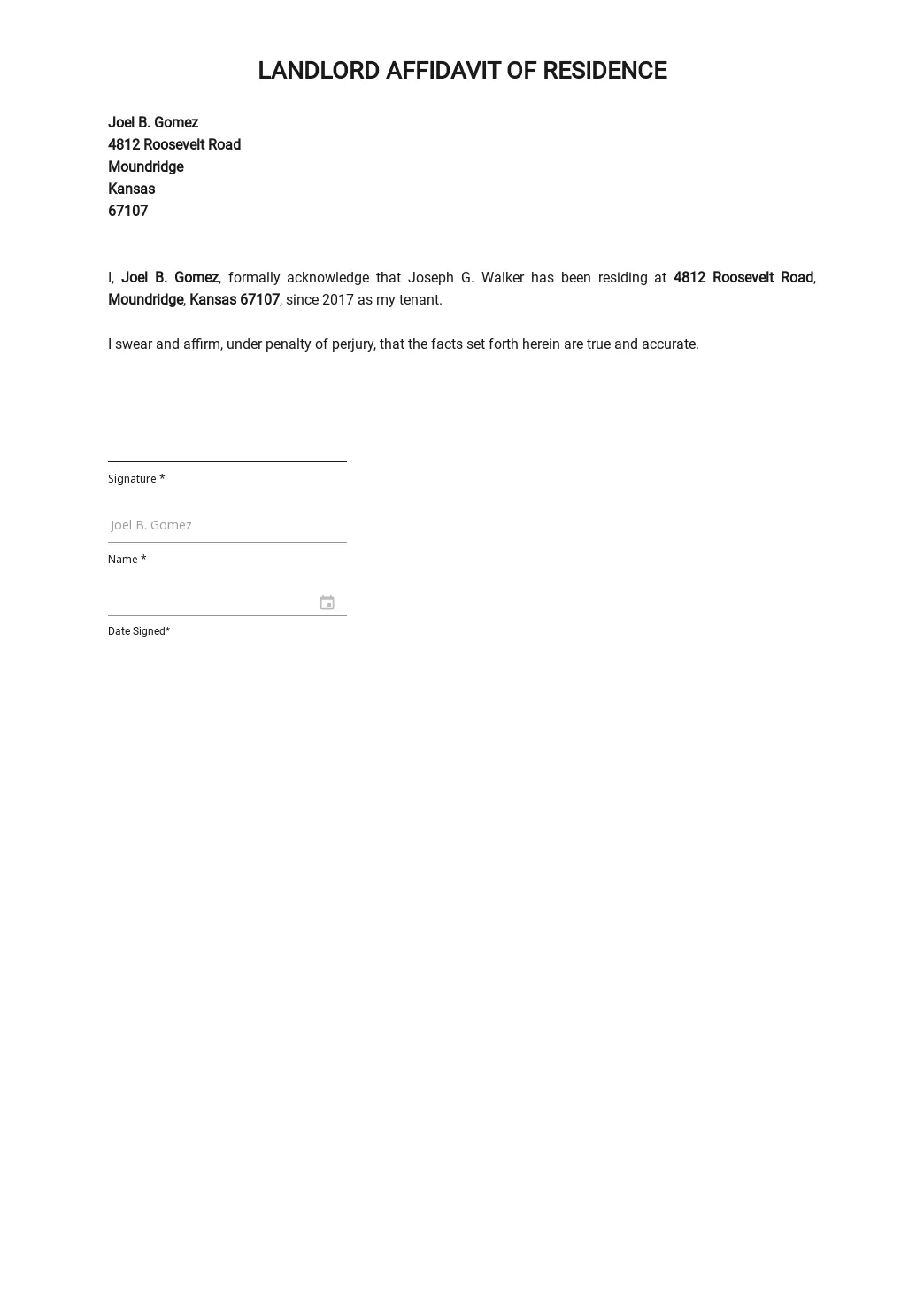 Residence affidavit template