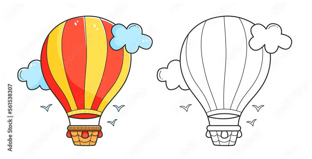 Airship coloring book with an example of coloring for children printable coloring page