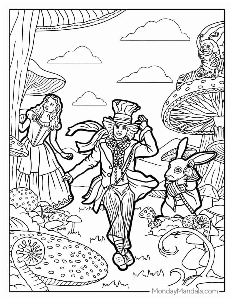 Alice wonderland coloring page cartoon design alice in wonderland