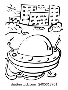 Alien spaceship city night coloring page stock vector