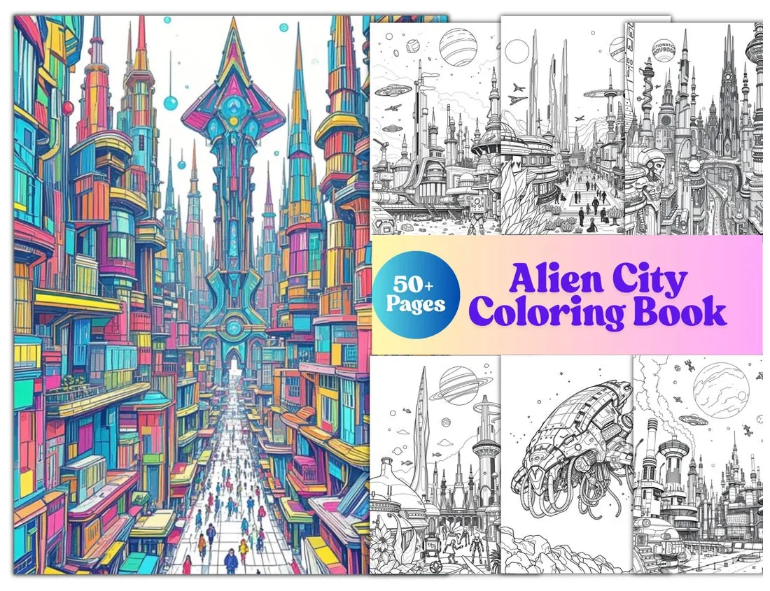 Alien city coloring book sci-fi coloring pages for adults & kids