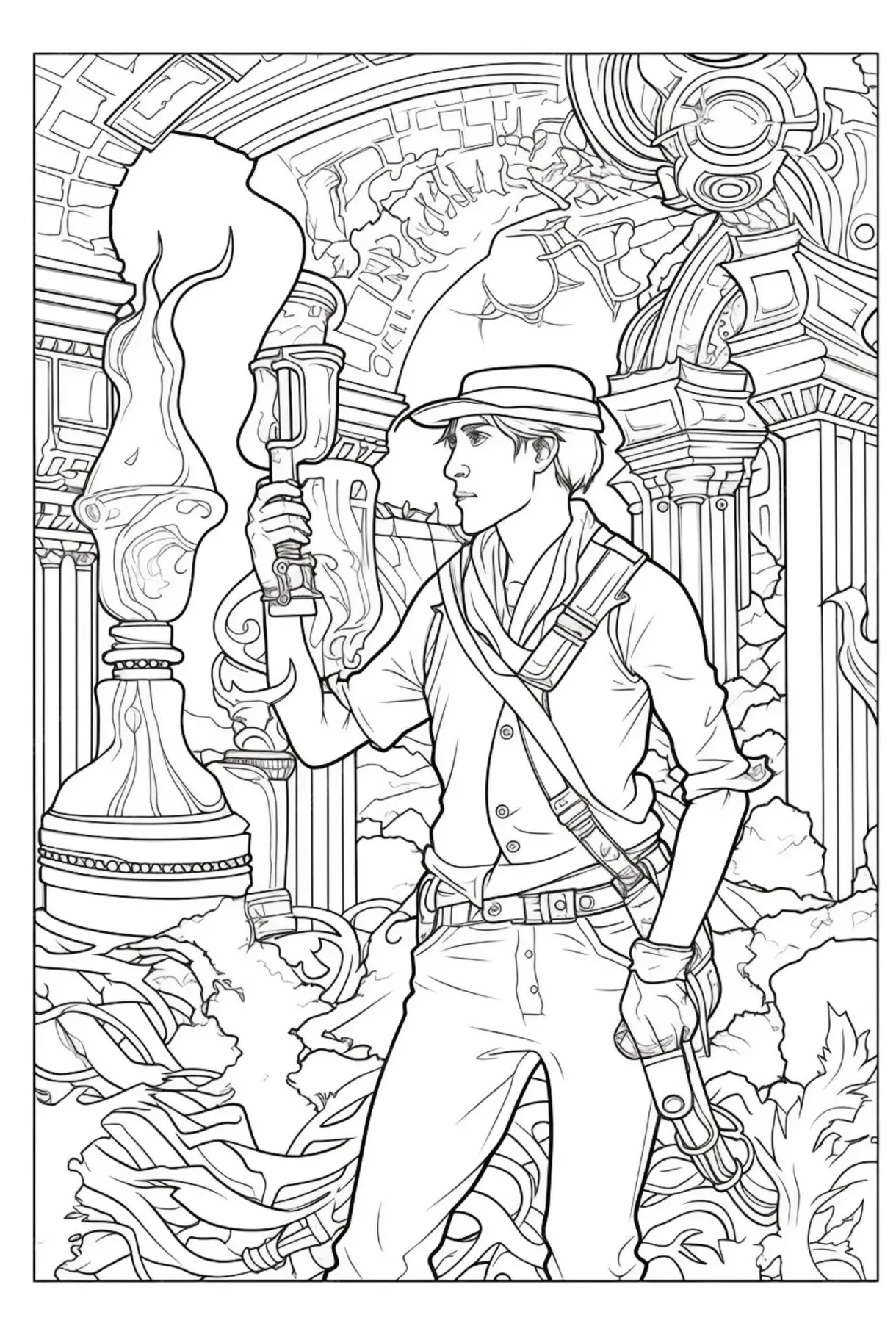 Premium ai a coloring page of a man holding a gun in a desert