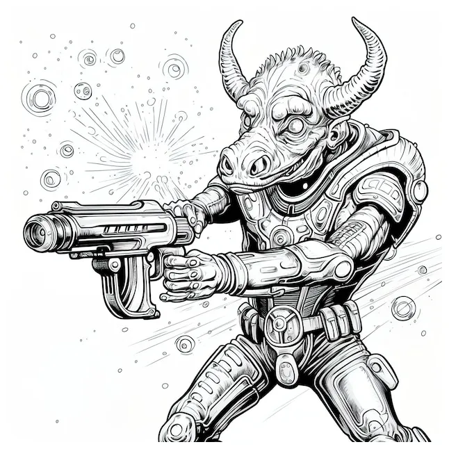 Premium vector coloring book page realistic alien shooting a ray gun