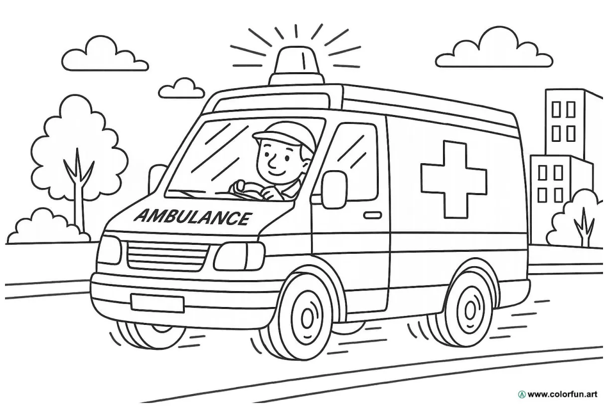 Ambulance coloring page in action Download or Print for free