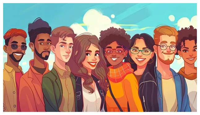 A group of diverse happy animated characters stand together under a