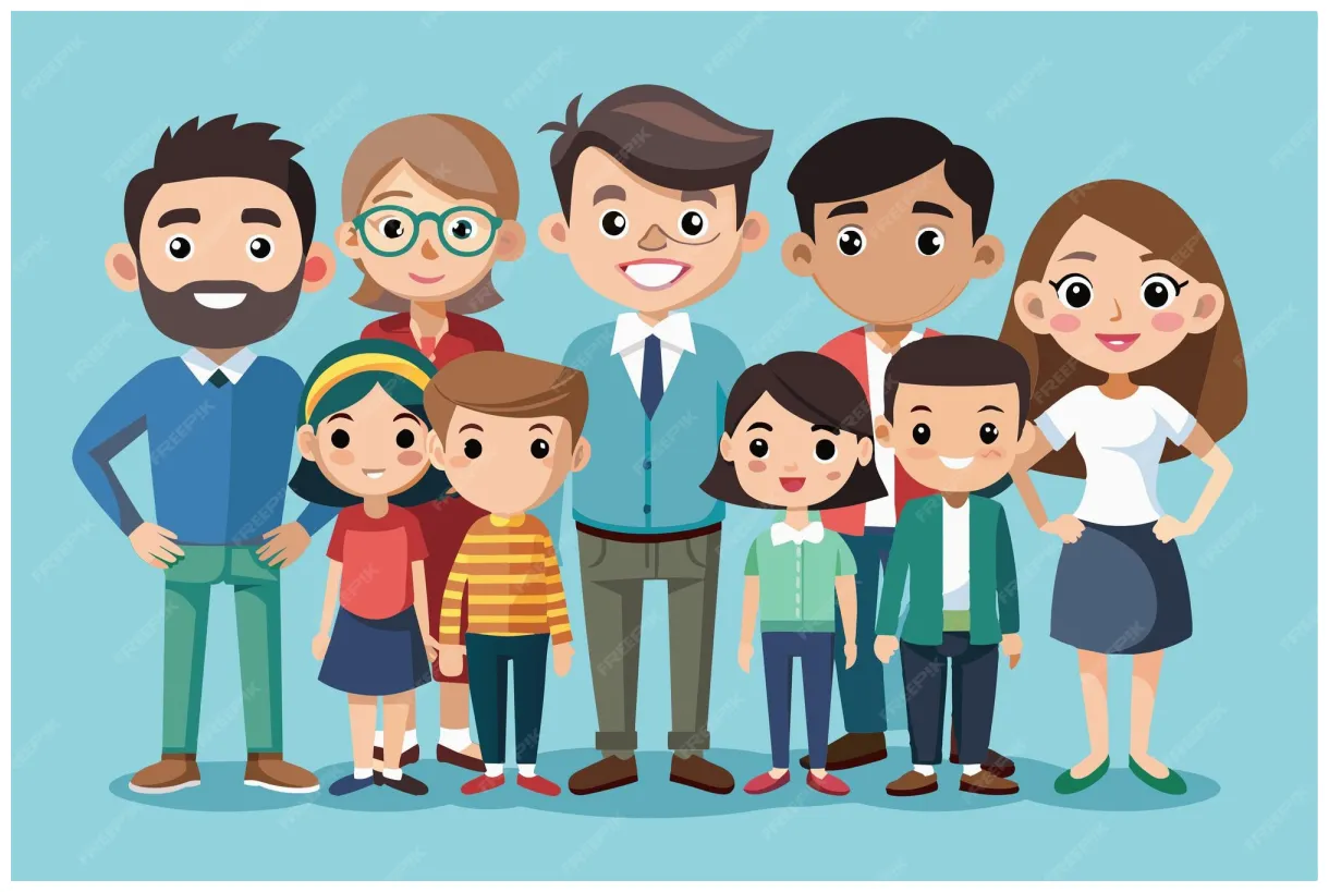 A fun group of animated characters smiles and stands together in a