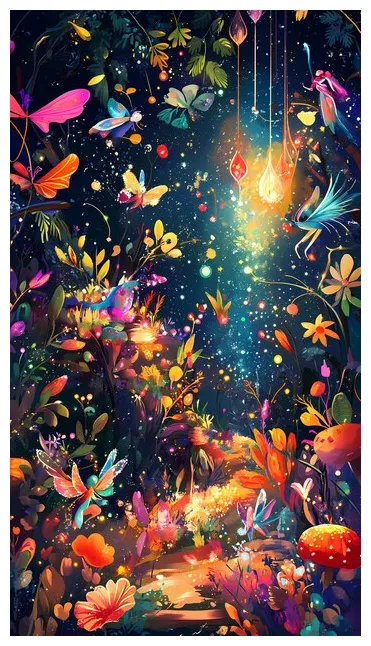 A vibrant magical forest filled with colorful butterflies flowers and