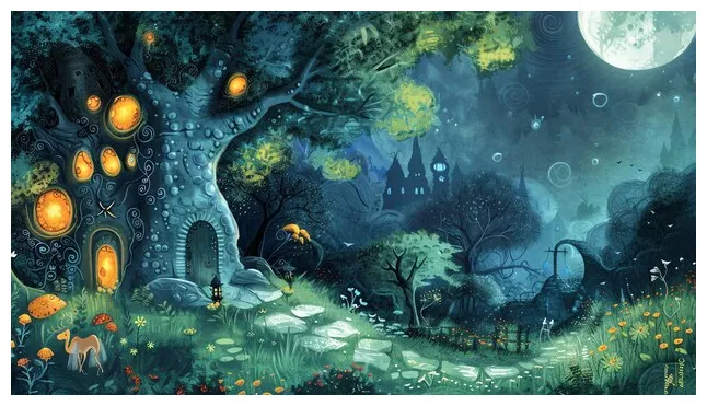 A magical whimsical forest scene with a glowing tree a pathway and a