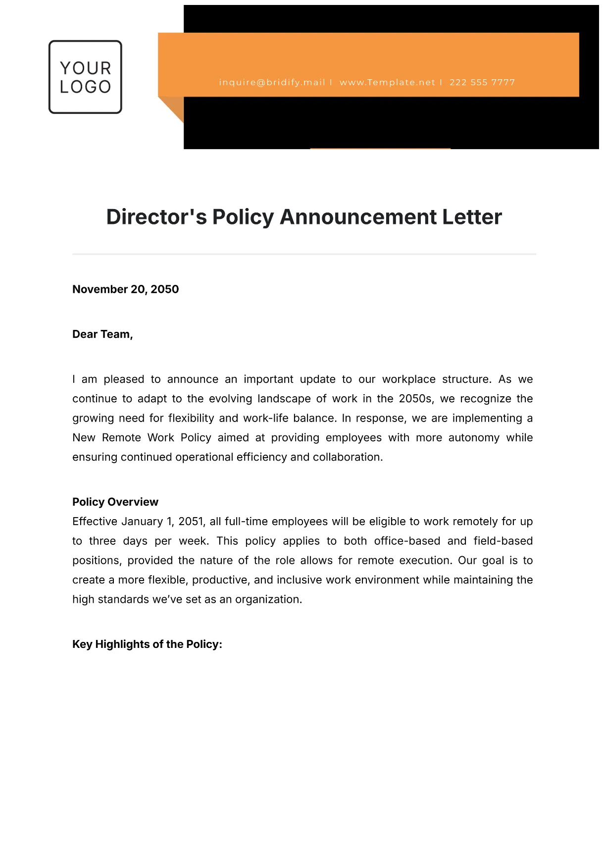 Free director's policy template to edit online