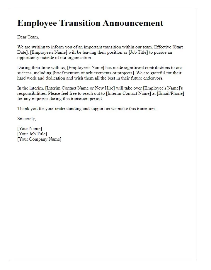 Letter template for employee departure announcement free samples in