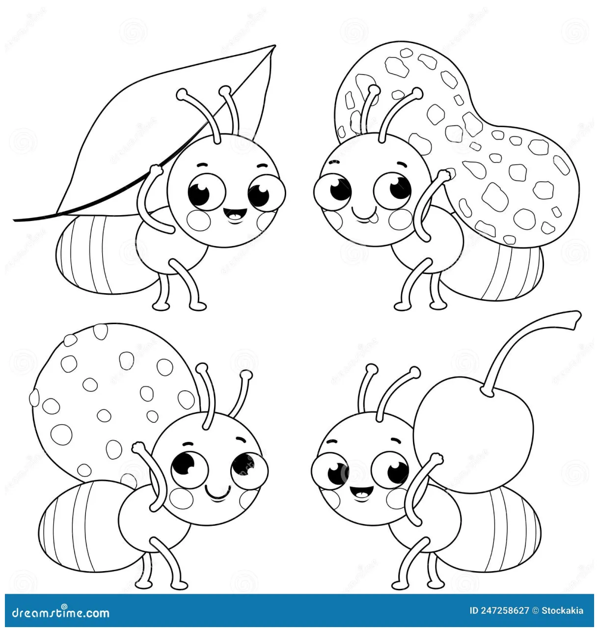 Cute Ants Carrying Food. Vector Black and White Coloring Page Stock