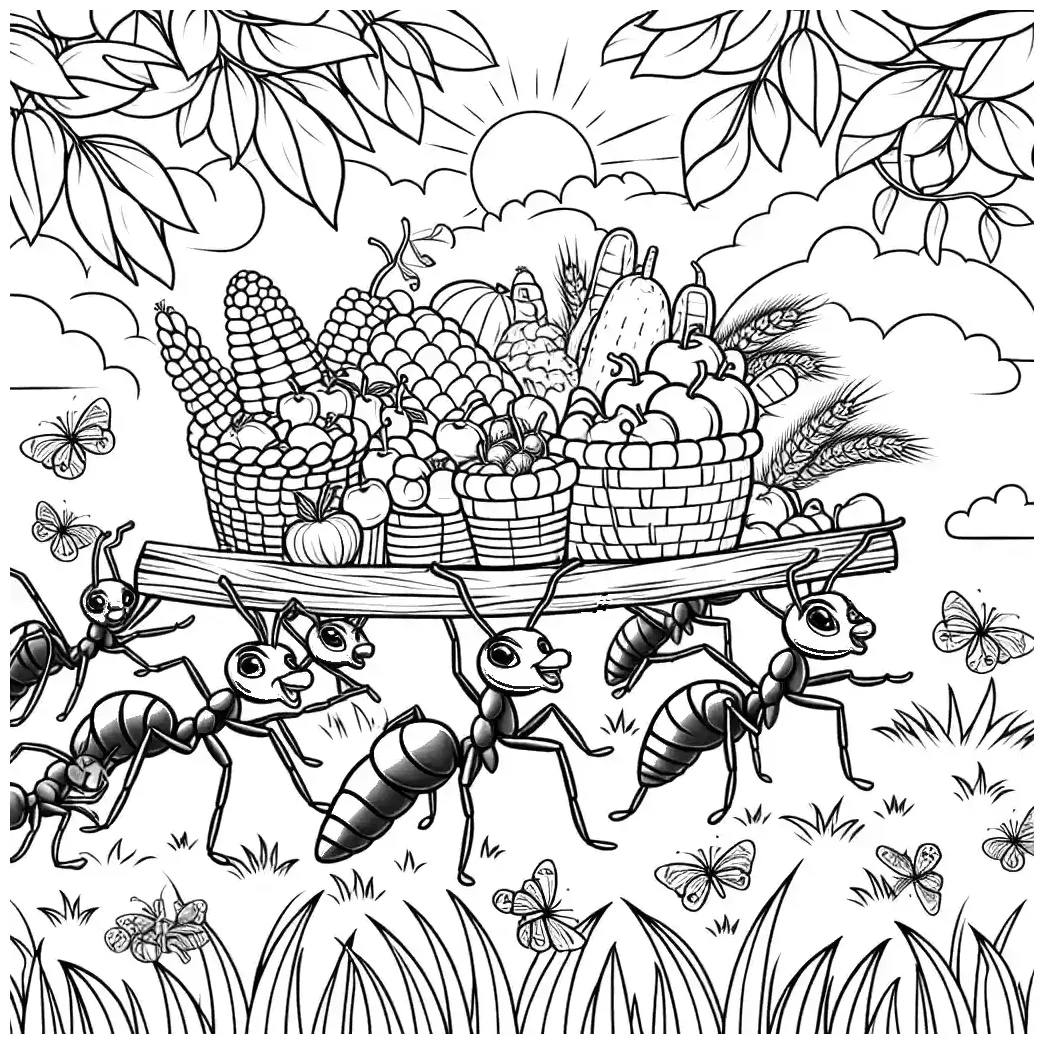 Ants carrying food through grass coloring page Coloring Jungle