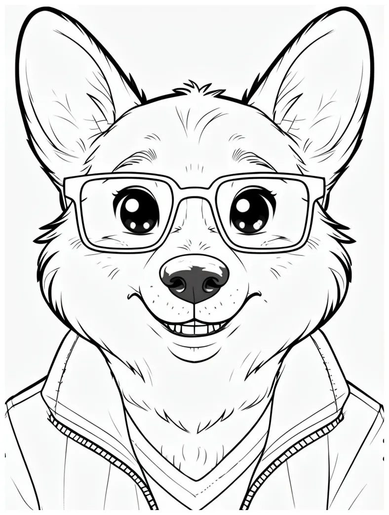 Friendly anthropomorphic dog character line drawing coloring page