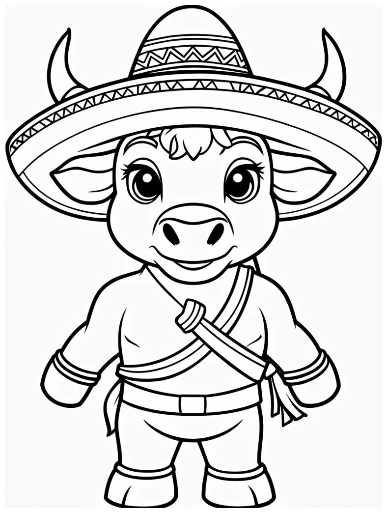 Playful Anthropomorphic Bull Character Outline Coloring Page - Playground