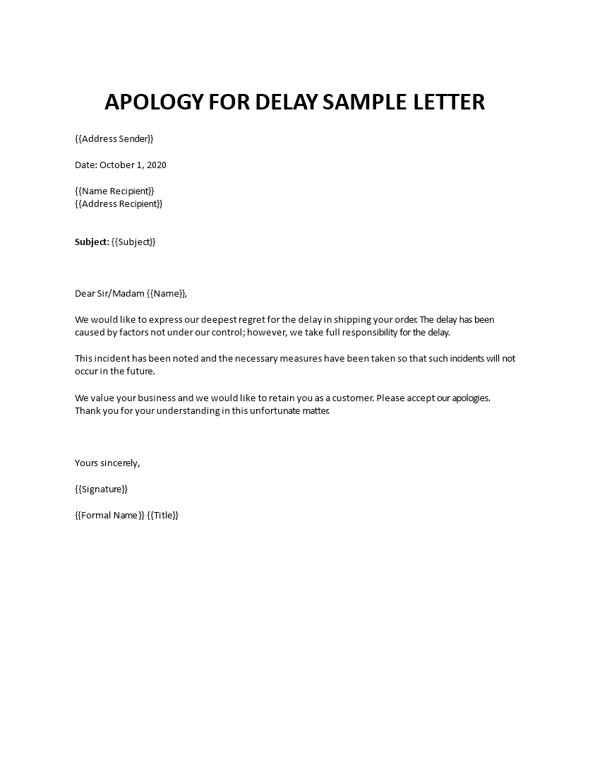 Apology for order delay sample letter