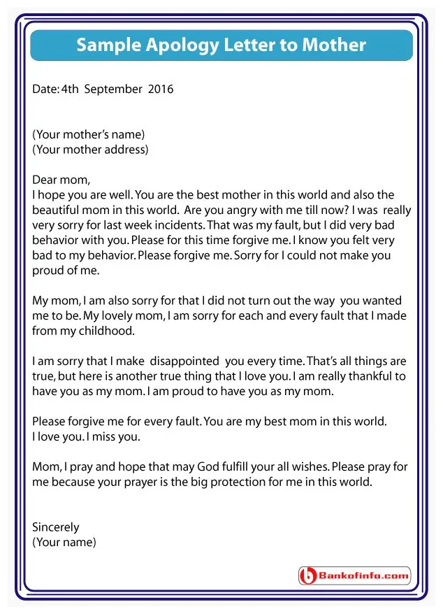 Apology letter to mother for bad behavior sample