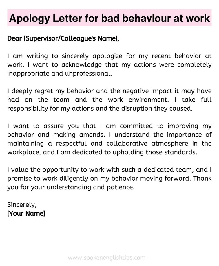 Apology letter for bad behavior at work