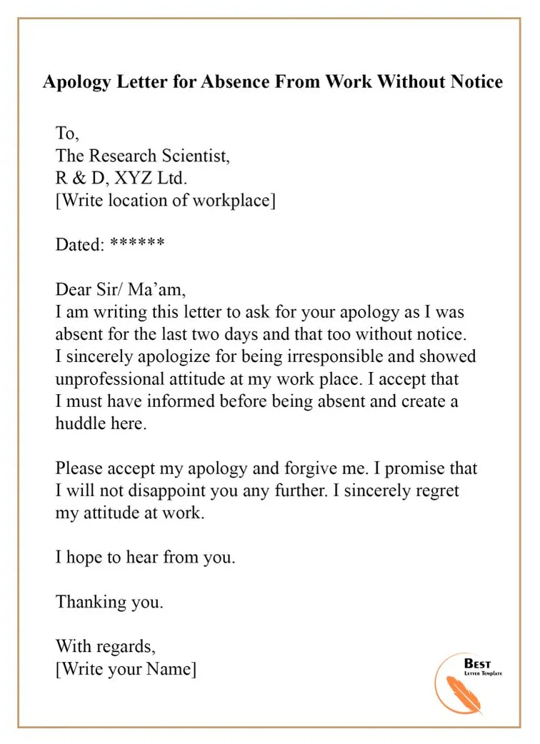 Apology letter template for absence