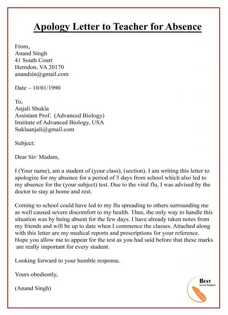 Apology letter to teacher for absence best letter template