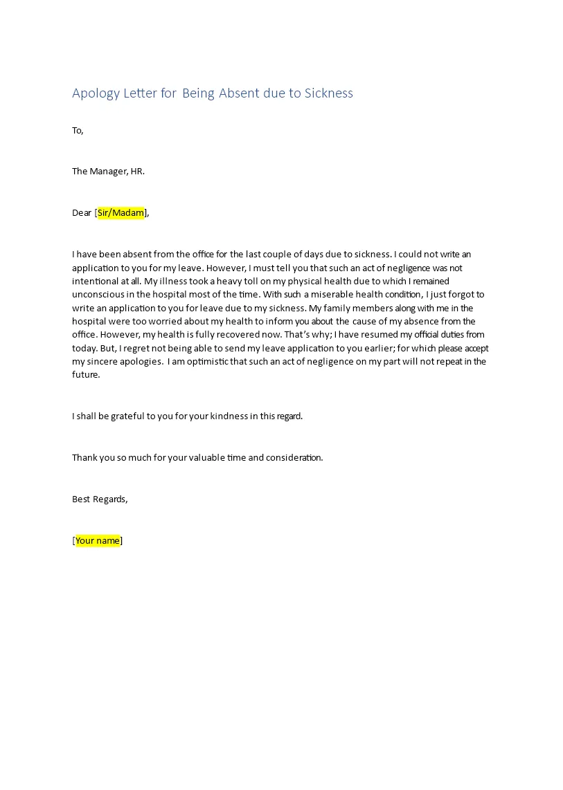 Apology letter for being absent due to sickness