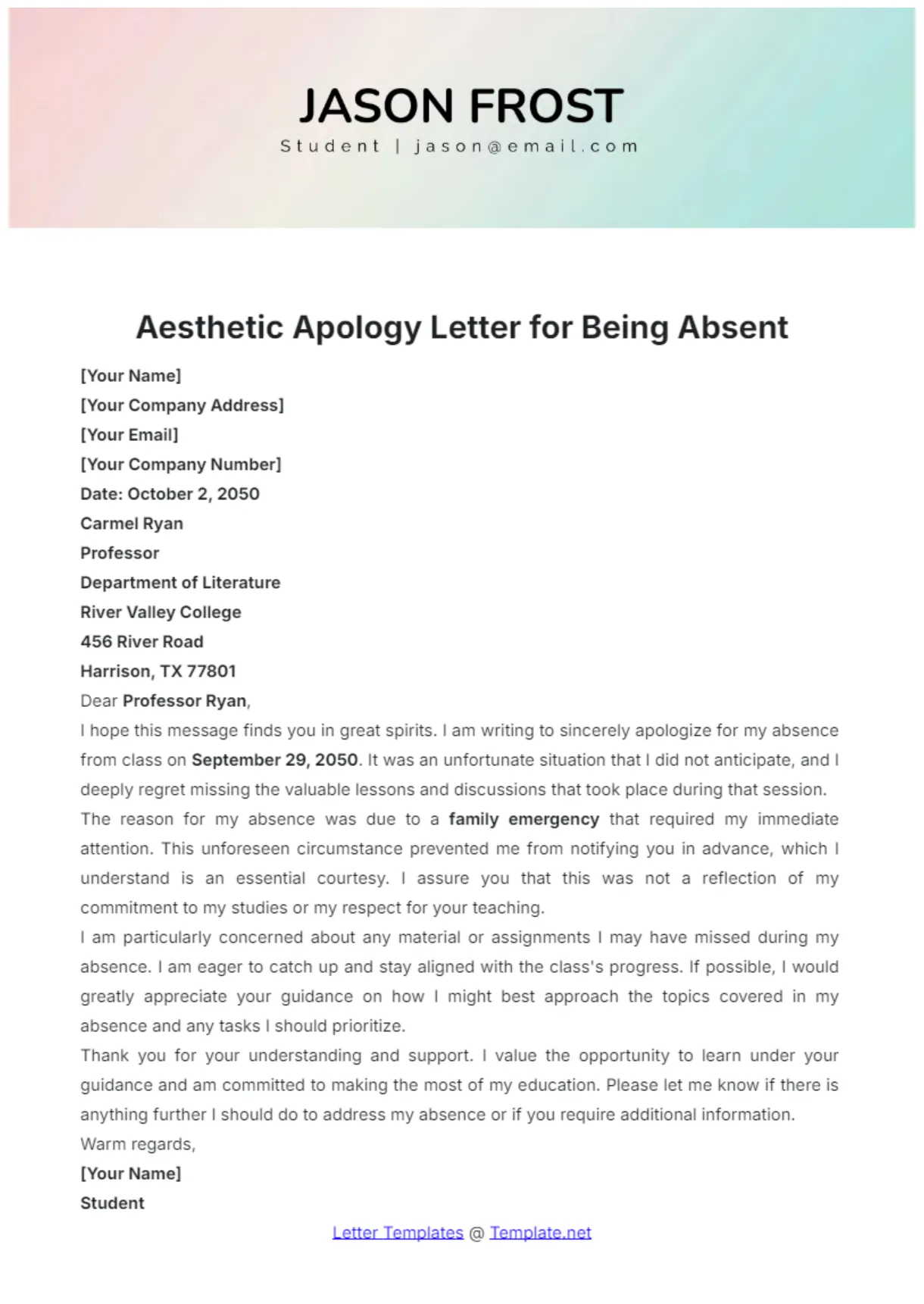 Free aesthetic apology letter for being absent template to edit online printable coloring page