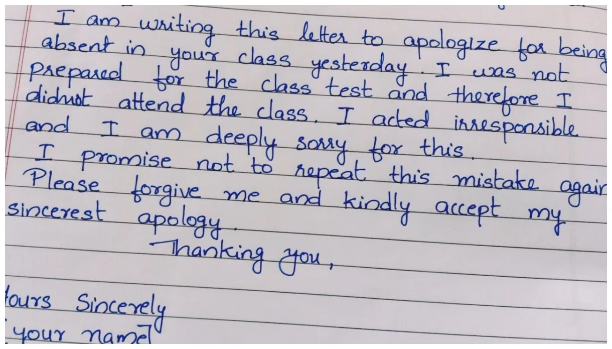 Apology letter to teacher for absence