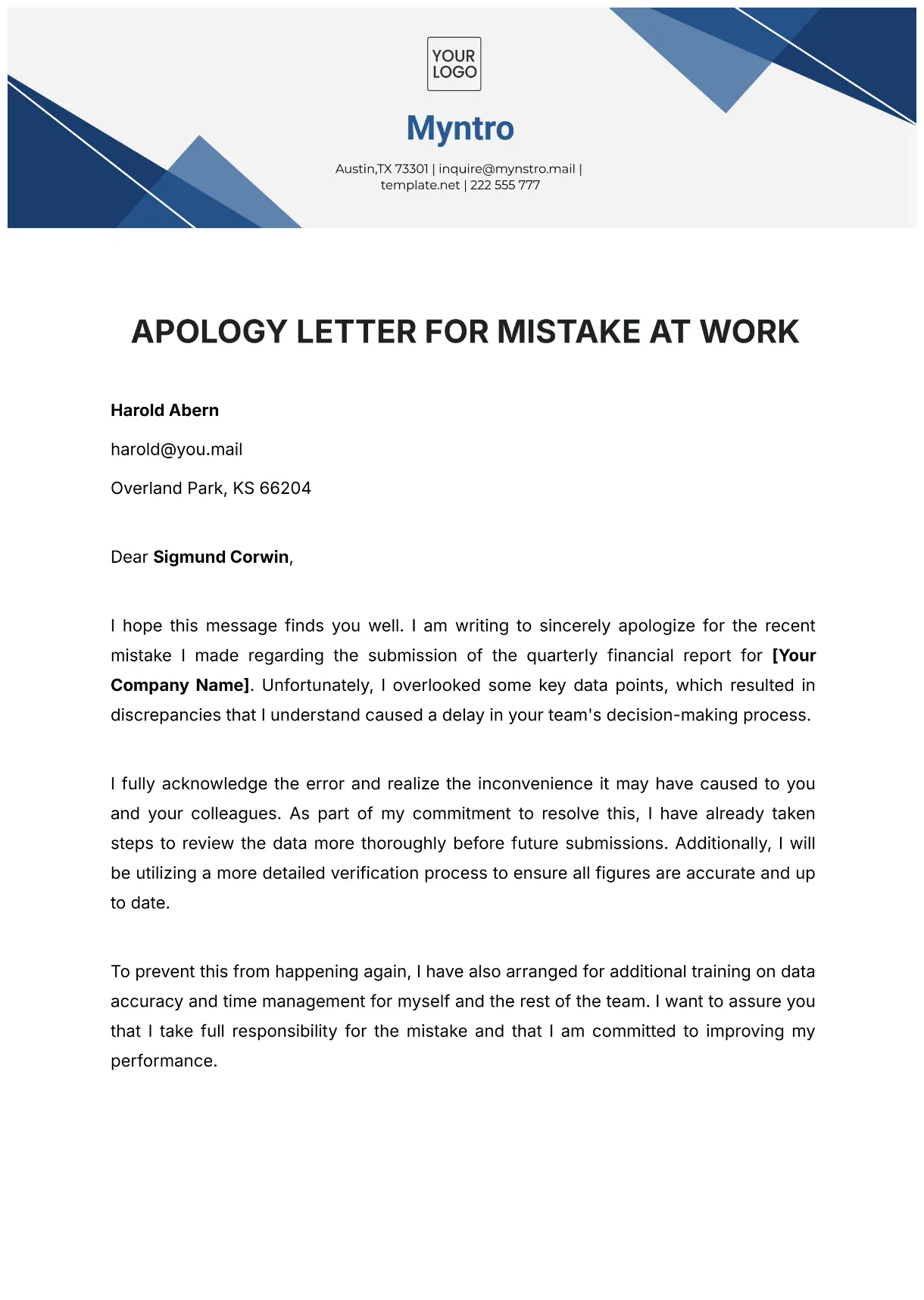 Free Apology Letter for Mistake at Work Template to Edit Online