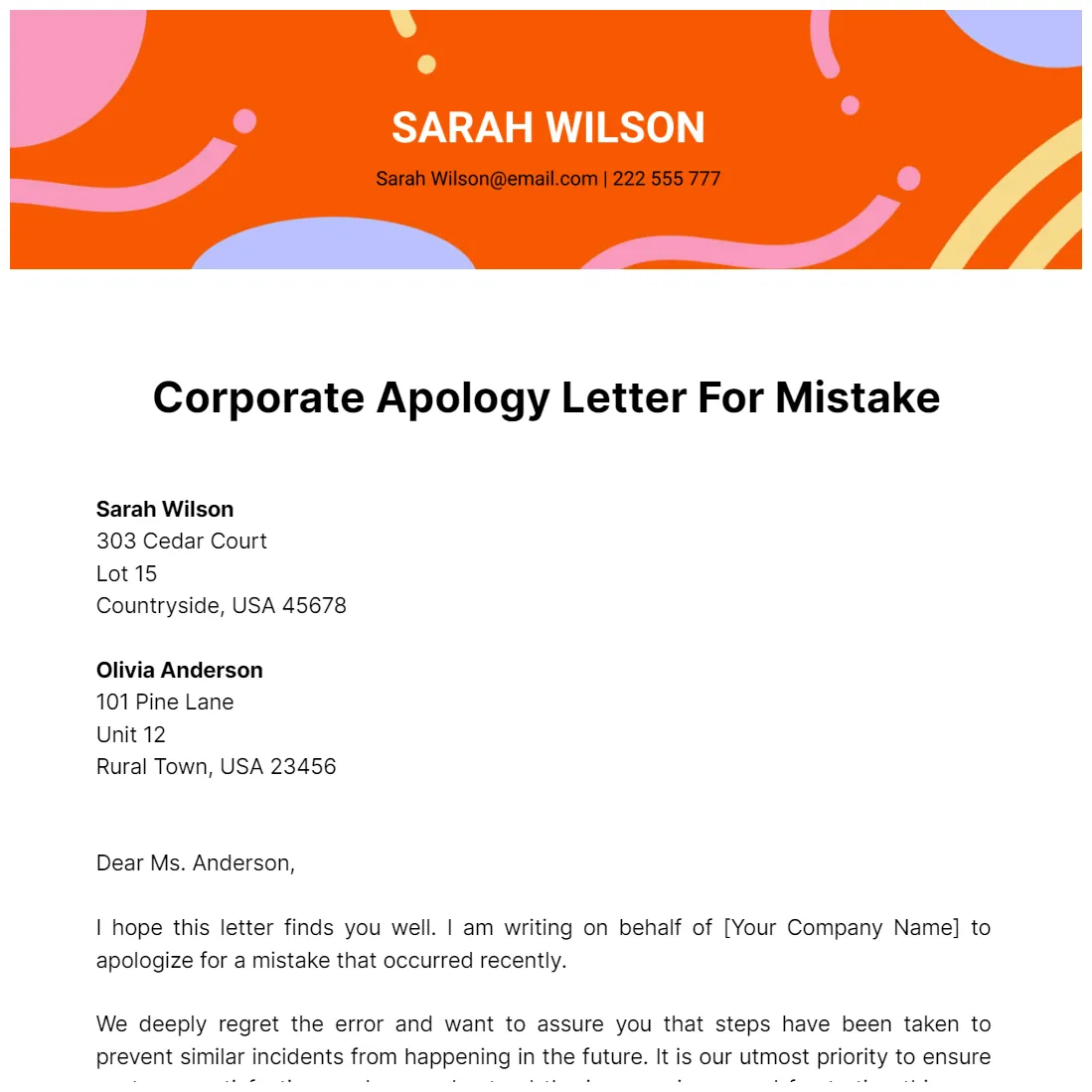 Free Corporate Apology Letter For Mistake Template to Edit Online