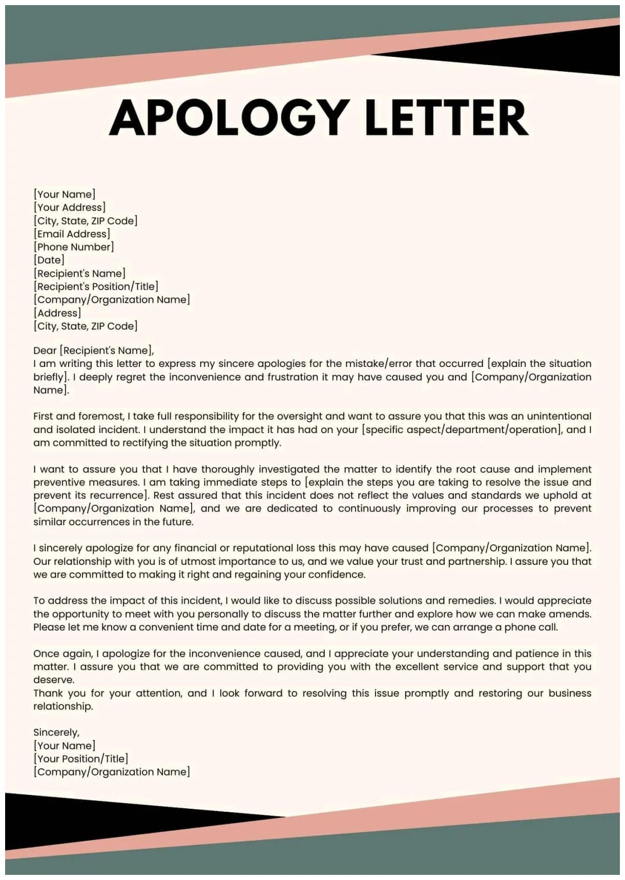 Business free printable apology letter for