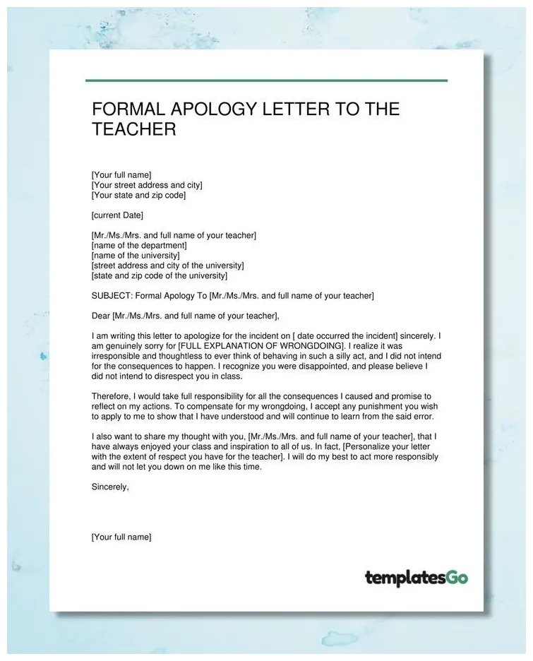 Apology letter to teacher